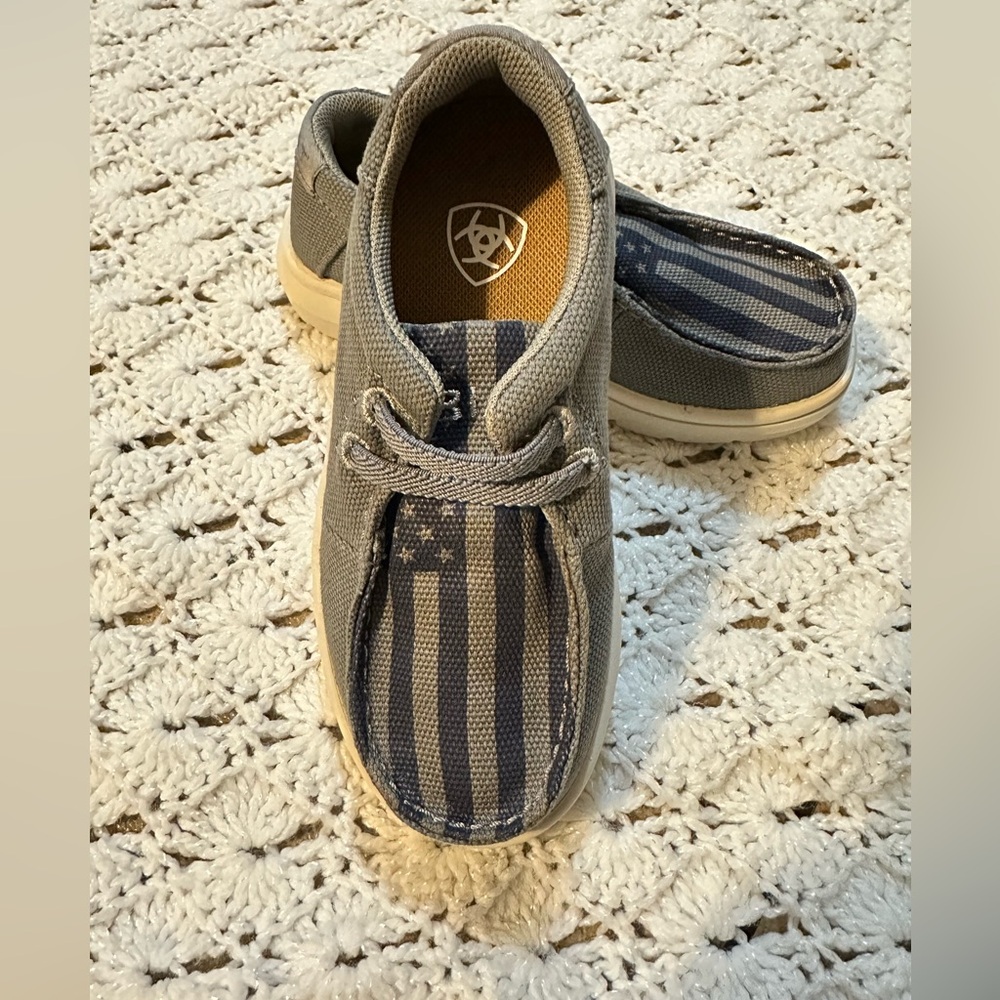 Ariat Kids Gray Canvas Slip-Ons with Navy Flag Accent